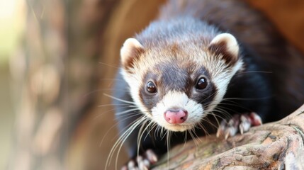 Curious ferret explores its natural habitat during the early morning light, showcasing its playful nature and vibrant fur patterns in a lush wooded area