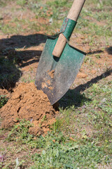 Worker digs the black soil with shovel in the garden, man loosens dirt in the farmland, agriculture...