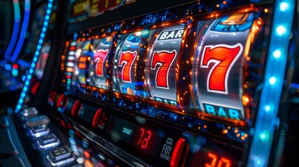 Brightly lit slot machine displays spinning reels with classic symbols in a bustling casino environment at night