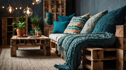 Behagliches Palettensofa mit blauen Kissen und kuscheliger Decke in einem modernen Wohnzimmer - obrazy, fototapety, plakaty