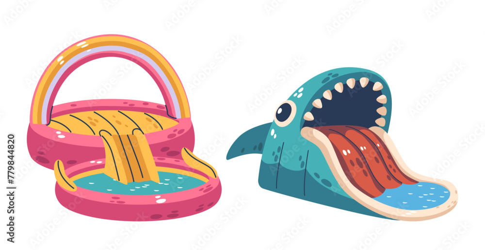 Poster inflatable slide with a pool, rainbow and shark shaped structures, featuring a slippery slide leadin