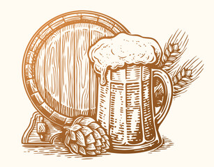Hand drawn wooden barrel and mug of beer. Brewery, pub sketch vintage vector illustration