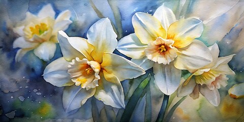Fototapeta na wymiar Beautiful Daffodils painted with watercolor, Daffodils Watercolor, Spring Watercolor flowers, Spring Background