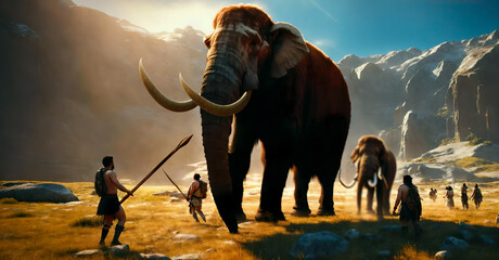 Hunting scene of team of primitive cavemen attacking a giant mammoth in wild field. Primeval Caveman Wearing Animal Skin Holds spears and Hits Rock with It. group of Neanderthal. getting food foraging - obrazy, fototapety, plakaty