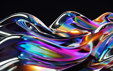 Metallic 3D of abstract silk flowing futuristic holographic iridescent flow on black background.