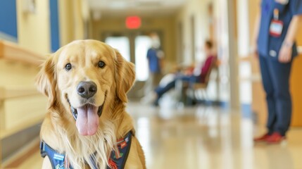 Golden retriever therapy dog brightens hospital environment while providing comfort to patients and staff