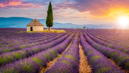 Lonely farmhouse and cypress tree in a field of blooming purple lavender at sunset or sunrise in a...