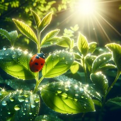 Drops of morning dew and ladybug on young juicy fresh green leaves glow in sunlight in nature generated by ai