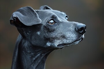 Black dog with striking features gazes thoughtfully towards the side in a natural setting during a calm evening moment