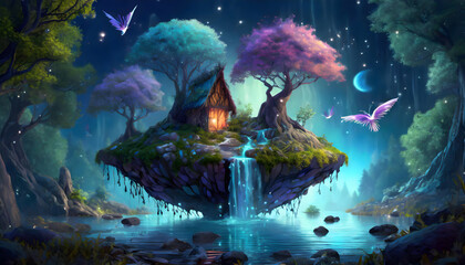 Planet with fantastic trees, waterfall of a fantasy forest with internal light on digital art concept, Generative AI.