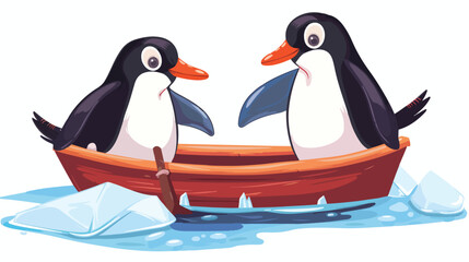 Two penguins on a boat in the icy ocean flat vector 