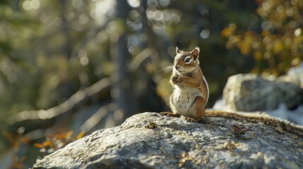Curious Chipmunk Perched on a Rocky Terrain Against Autumn Backdrop - obrazy, fototapety, plakaty