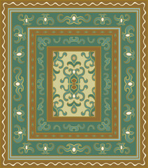 Oriental vector carpet design. Abstract vintage pattern with frame. Ornamental background for textile, rug, tapestry.