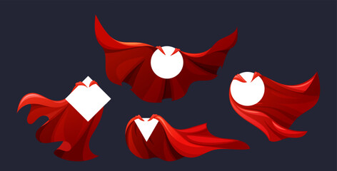 Red Super Hero Capes Collection. Crimson Superhero Cloak Billows Behind The Rhombus, Circle And Triangle Empty Frames
