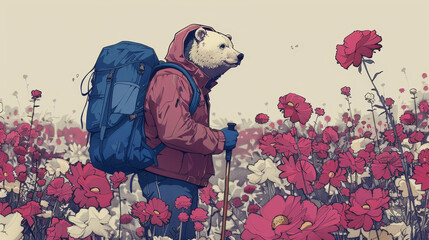   A man with a backpack hikes in a flower field , bearing a polar bear on his back