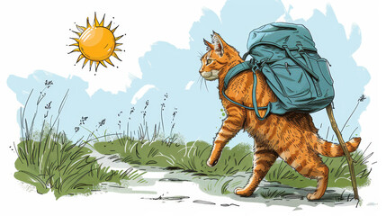   A cat, carrying a backpack, walks in the grass with the sun setting behind