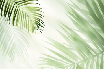 Minimal abstract background with blurry shadow of tropical palm leaves. Cosmetic product Presentation. Premium podium. Pastel light empty green wall. Showcase display case, Top view. Modern Spa mockup