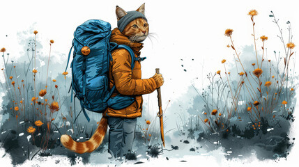   A cat with backpack and walking stick in a wildflower field - obrazy, fototapety, plakaty