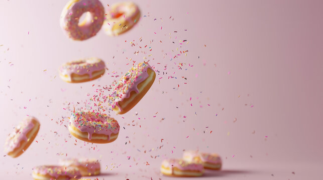 Flying donuts, donuts fall on pink background. Various sweet doughnuts with sprinkel.