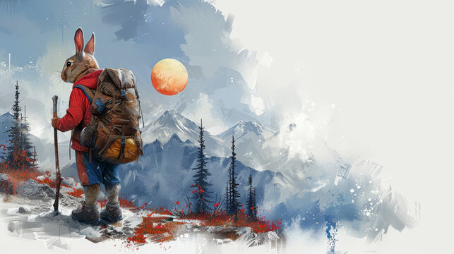  A painting of a person atop a mountain with a backpack and a rabbit, beneath a full moon's glow