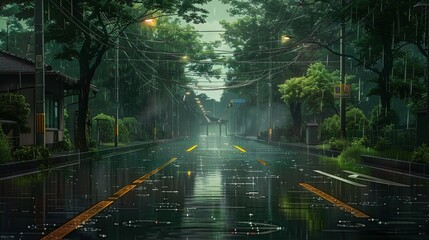 Rainy summer day in the urban area, with wet roads and lush greenery along the roadside - obrazy, fototapety, plakaty