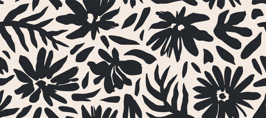 Fototapeta premium Hand drawn minimal abstract flowers. Seamless patterns with organic shapes black and white color for fabric, textiles, clothing, wallpaper, cover, banner, home decor, florals backgrounds.