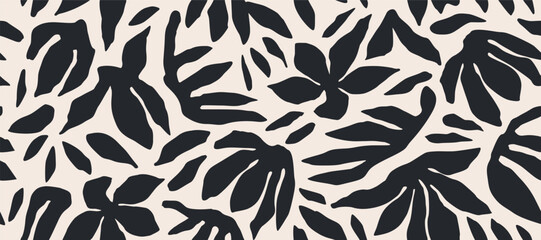 Hand drawn minimal abstract flowers. Seamless patterns with organic shapes black and white color for fabric, textiles, clothing, wallpaper, cover, banner, home decor, florals backgrounds.