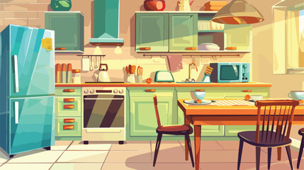 Vector cartoon illustration of cozy modern kitchen 
