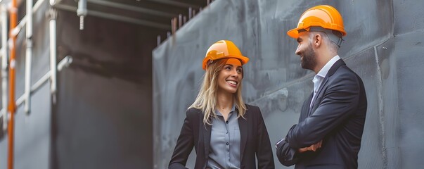 Man and woman Civil Engineers or architects at construction site. Industry worker or engineer working on industry project at work site. Engineering people.