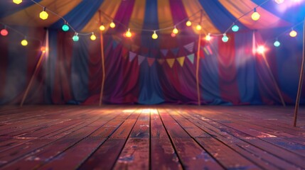 Festive Carnival Tent Interior with Colorful Lights and Decorations