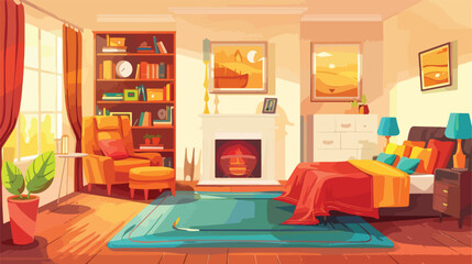 Vector cartoon illustration of cozy modern bedroom 