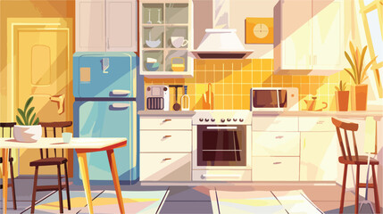 Vector cartoon illustration of cozy modern kitchen 