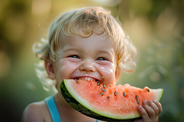 Child eating watermelon with joy