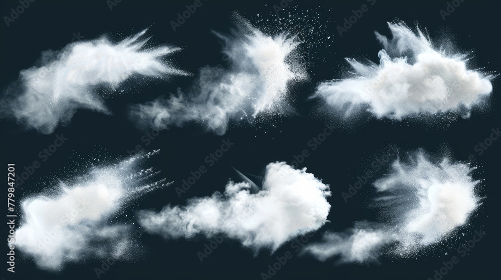 Poster isolated set of white powder clouds on transparent background. abstract drawing of dust explosion in