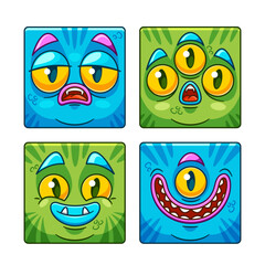 Square Icons, Emojis Or Avatars Of Cartoon Monster Face Character With Bulging Eyes, Jagged Teeth ,Vector Illustration - 779847238