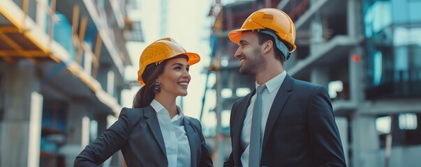 Man and woman Civil Engineers or architects at construction site. Industry worker or engineer working on industry project at work site. Engineering people.