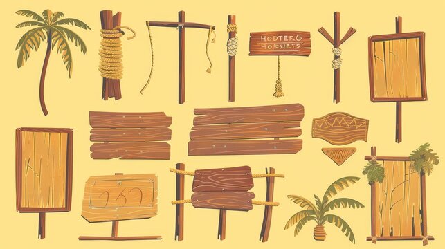Modern set of wooden bamboo sign board frame game interface. White wooden signboard with rope on stick and border isolated tropical illustration. Hawaiian menu panel layout for messages or