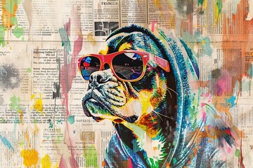A photorealistic close-up of a graffiti artwork showcasing a cool dog sporting a magazine cutout hoodie and glowing neon sunglasses, created with a meticulous collage technique using newspaper clippin