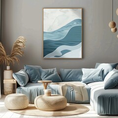 Modern living room interior with abstract wall art, comfortable sofa, and stylish decor.