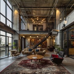 Naklejka premium Modern office interior with industrial design, featuring a staircase, open space, and lounge area with plants and stylish furniture.