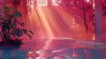 Ethereal Pink Sunlight Filtering Through Trees to Indoor Pool