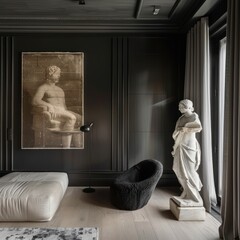 Elegant dark interior with classical bust and modern dining setup, reflecting sophisticated taste.