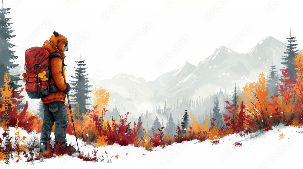 Poster a man with a backpack and skis is depicted in a snowy landscape the scene features towering trees an