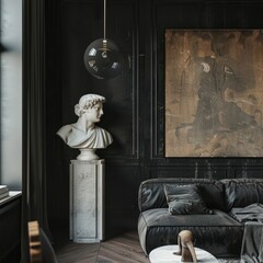Elegant interior with classical sculptures, modern furniture, and abstract wall art.