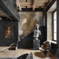Modern interior with eclectic decor, featuring a bust sculpture, abstract wall art, and designer...