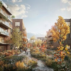 Autumnal scene in a modern residential area with colorful trees and a person walking on a pathway.