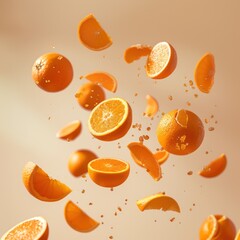 Fresh orange slices and wedges suspended in mid-air with water droplets, on a warm beige background.
