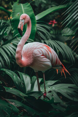 Flamingo in Lush Greenery with Blooms