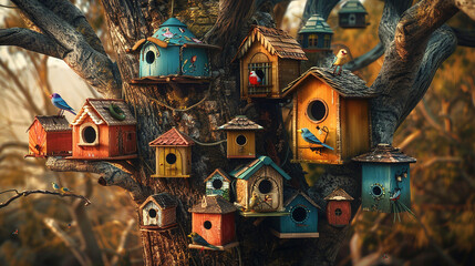 A collection of colorful, handcrafted birdhouses in a tre. 32k, full ultra hd, high resolution - obrazy, fototapety, plakaty