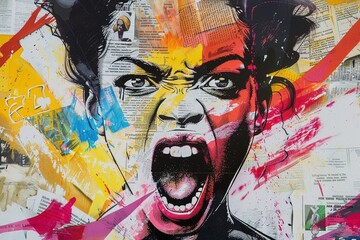 A fierce woman rendered in a dynamic graffiti style, her open mouth a burst of energy, set against a backdrop of collaged newspaper clippings and vibrant street art elements.